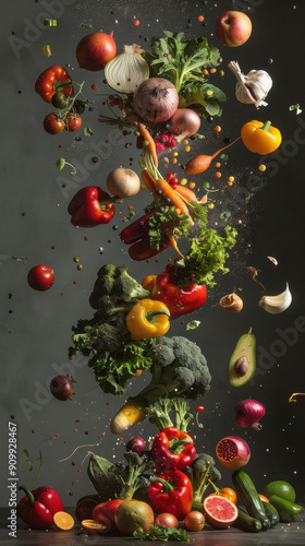 A vibrant explosion of various fresh vegetables and fruits, including strawberries, bell peppers, broccoli, and leafy greens, creating a dynamic and colorful composition against a light background.