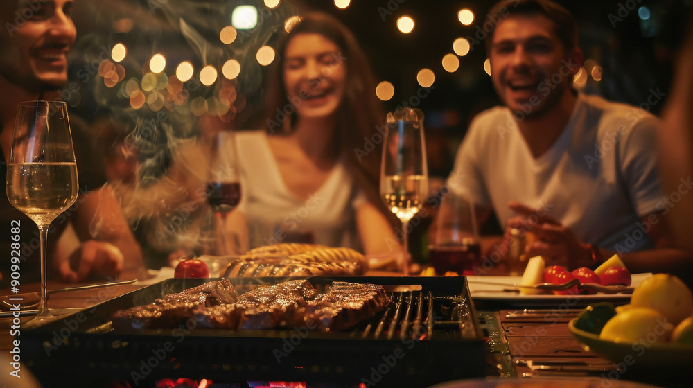 A lively outdoor gathering with friends enjoying a barbecue. The scene features grilled meat on a barbecue, with people laughing and socializing. A lively outdoor gathering with friends enjoying a barbecue. The scene features grilled meat on a barbecue, with people laughing and socializing.