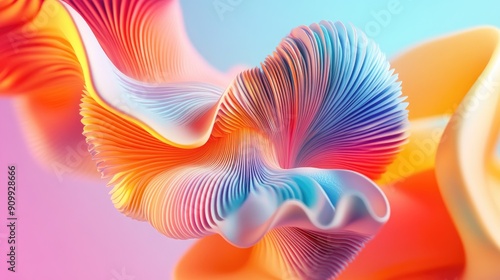 A stunning 3D render of an abstract colorful shape featuring swirling patterns and vivid colors, set against a minimalist background