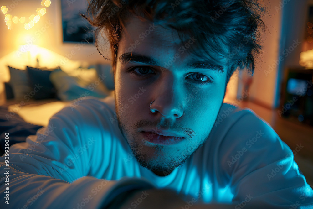 Φωτογραφία Photo of young blogger taking selfie  and streaming cozy home indoors ai generat