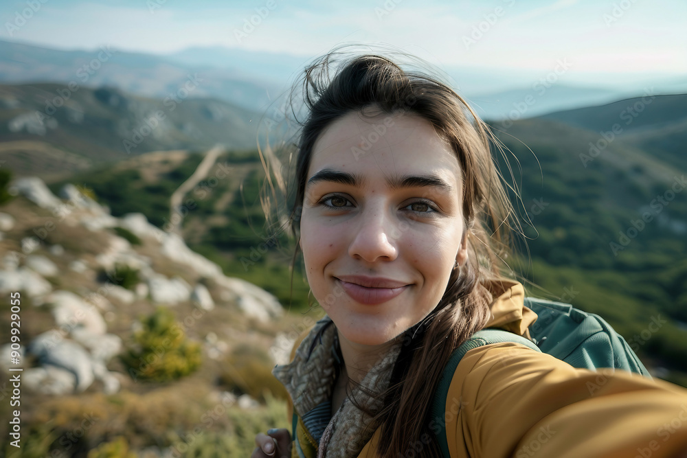AI generated image of happy person taking selfie picture trip vacation day outdoors AI generated image of happy person taking selfie picture trip vacation day outdoors