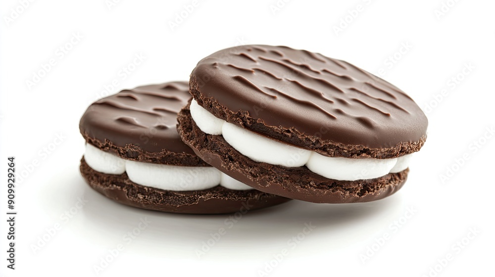 A tempting choco pie chocolate biscuit with a marshmallow center, isolated against a white background to emphasize its decadent taste A tempting choco pie chocolate biscuit with a marshmallow center, isolated against a white background to emphasize its decadent taste