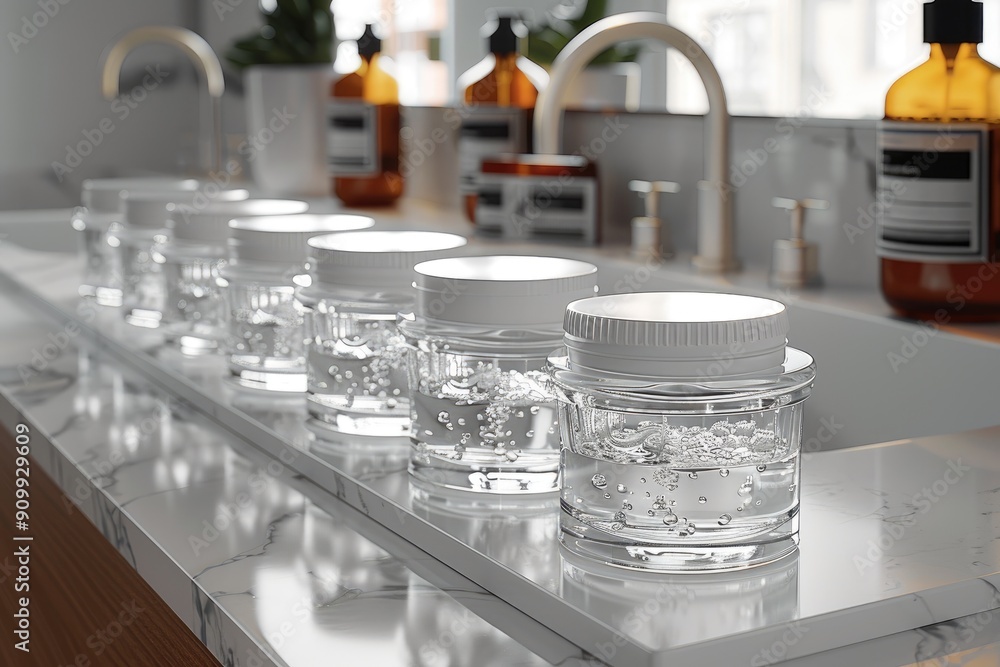 Glass Jars Filled with Clear Liquid on a Marble Countertop Glass Jars Filled with Clear Liquid on a Marble Countertop