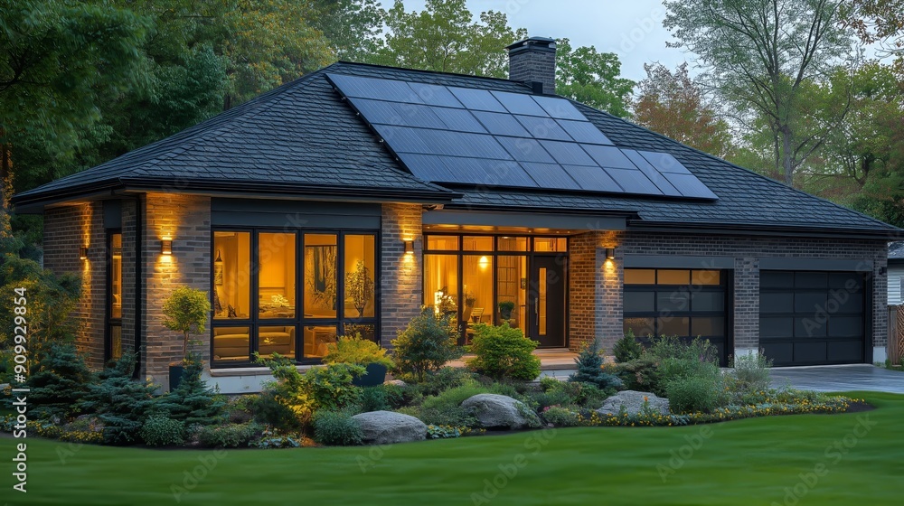 A contemporary single-story residence with a dark shingled roof fitted with solar panels. A contemporary single-story residence with a dark shingled roof fitted with solar panels.