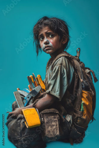 A young boy stands against a blue background, carrying a heavy backpack filled with various tools. His face and clothes are dirty, indicating hard work.