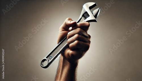 Handyman's arm holding a wrench on  neautral studio grey background photo