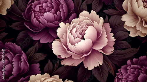 Fototapeta Naklejka Na Ścianę i Meble -  floral purple and pink beige peonies pattern on black background, seamless patterns, background, wallpaper.