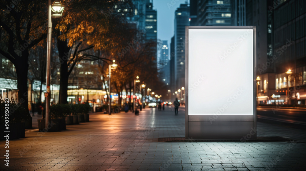 Blank Advertising Billboard on City Street During Nighttime With City Lights in Background Blank Advertising Billboard on City Street During Nighttime With City Lights in Background