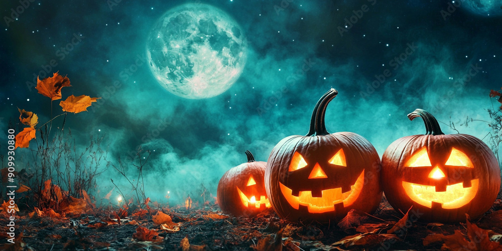 Nighttime forest Halloween background with moonlit wooden pumpkins
Nighttime forest Halloween background with moonlit wooden pumpkins
