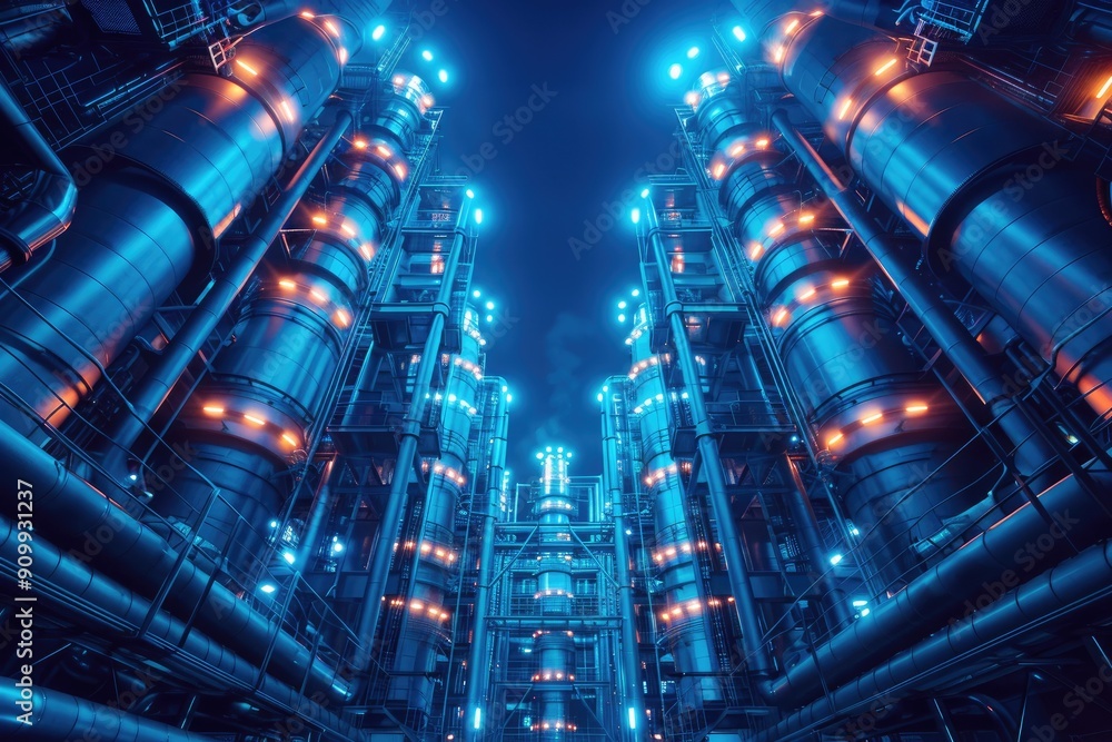 Industrial Structure with Blue and Orange Lights at Night Industrial Structure with Blue and Orange Lights at Night
