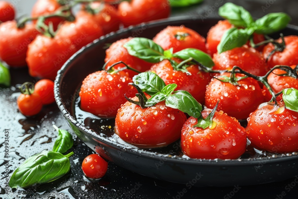 Juicy Red Tomatoes with Basil in a Black Pan Juicy Red Tomatoes with Basil in a Black Pan
