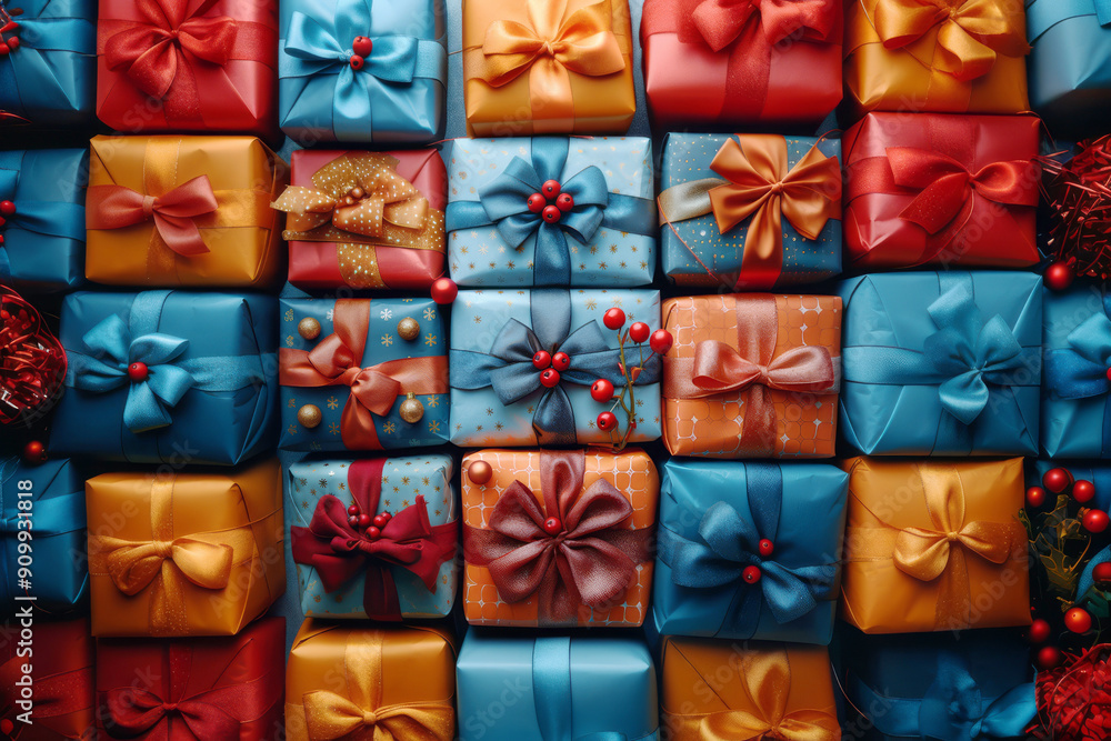 Festive gift array in multiple hues and styles, complete with ornate bows, for Christmas and New Year revelry. Joy of winter holidays Festive gift array in multiple hues and styles, complete with ornate bows, for Christmas and New Year revelry. Joy of winter holidays