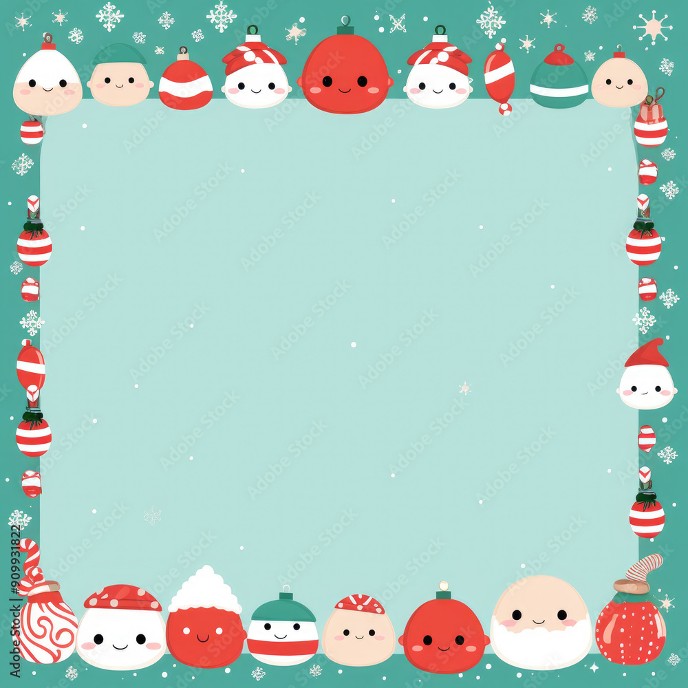 Fototapeta premium Christmas Kawaii Style Border with Cute Holiday Characters and Decorations, Ideal for Festive Invitations, Holiday Cards, Seasonal Marketing, and Children's Party Designs