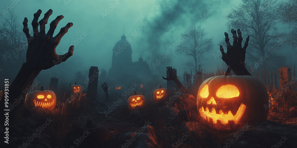 Fototapeta premium A picture of a spooky foggy woodland filled with pumpkins jack-o-lanterns for Halloween 