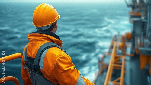 Basic drawing of an engineer overlooking the sea from a jack-up rig, [Offshore Environment], [Engineering Work], No logo, No Trademark, No text, minimal concept with copy space for stock photo