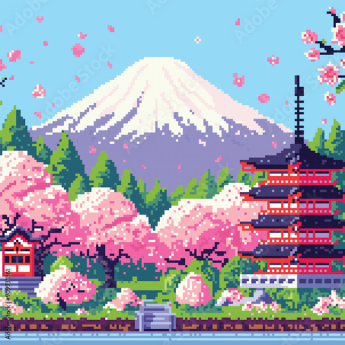Pixelated spring japanese fuji mountain, japanese temple, and cherry blossoms. vector illustration of japan iconic landmarks 