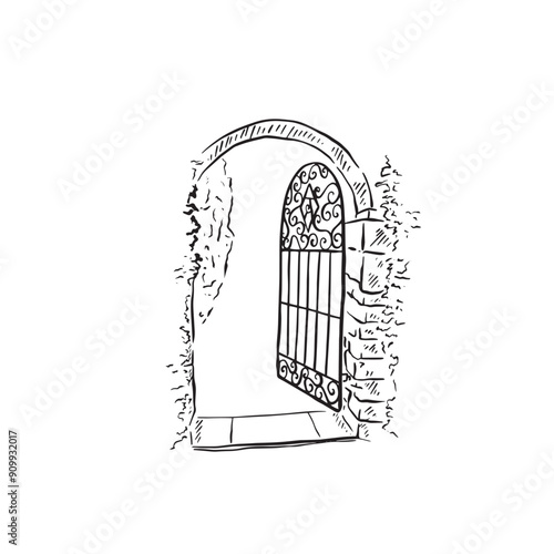 Garden gate with foliage and bricks either side. Under an arch, architectural elements hand drawn in black and white. Vector.
