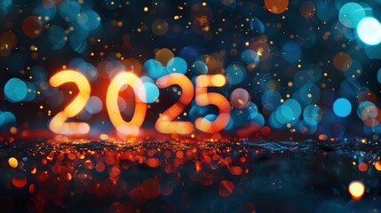 Blurry bokeh Happy New Year 2025 card background with sparks and warm lights