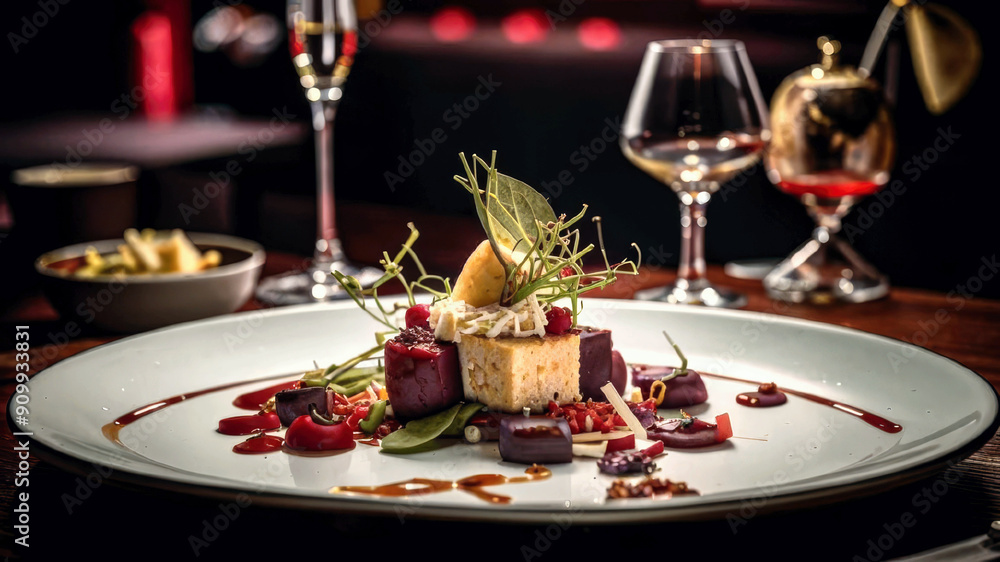Exquisite gourmet dishes presented in a fine dining setting with elegant tableware. Perfect for culinary and restaurant themes. Exquisite gourmet dishes presented in a fine dining setting with elegant tableware. Perfect for culinary and restaurant themes.