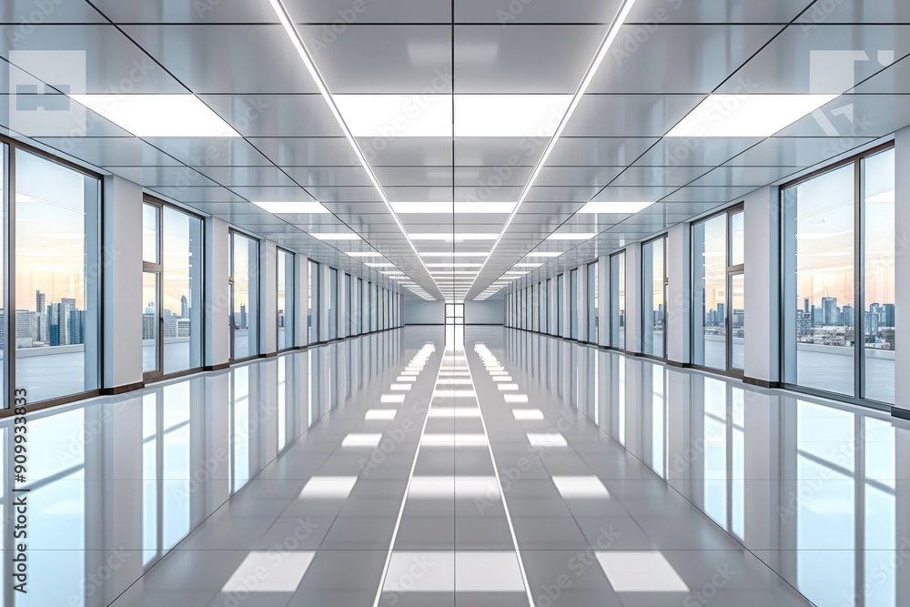 Fototapeta premium Modern Office Corridor with City View Windows