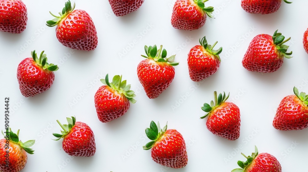 Bright red strawberries laid out on a white background, viewed from the top, showcasing their freshness and appeal Bright red strawberries laid out on a white background, viewed from the top, showcasing their freshness and appeal