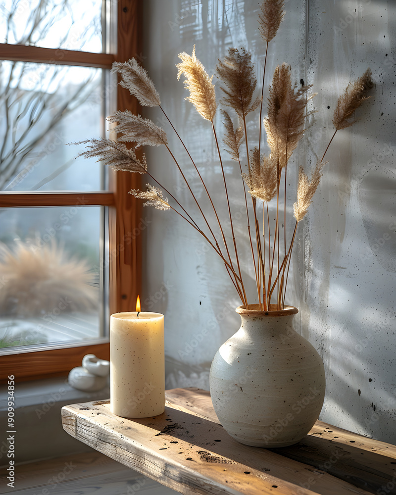 Φωτογραφία Beige vase aesthetic candle, background of a beige or white concrete wall