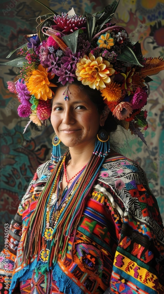 A woman wearing a colorful flower headdress and a colorful dress A woman wearing a colorful flower headdress and a colorful dress