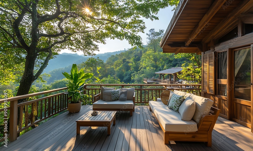 scenic mountain view terrace with sleek design and comfortable seating options, featuring a wooden table and chairs scenic mountain view terrace with sleek design and comfortable seating options, featuring a wooden table and chairs