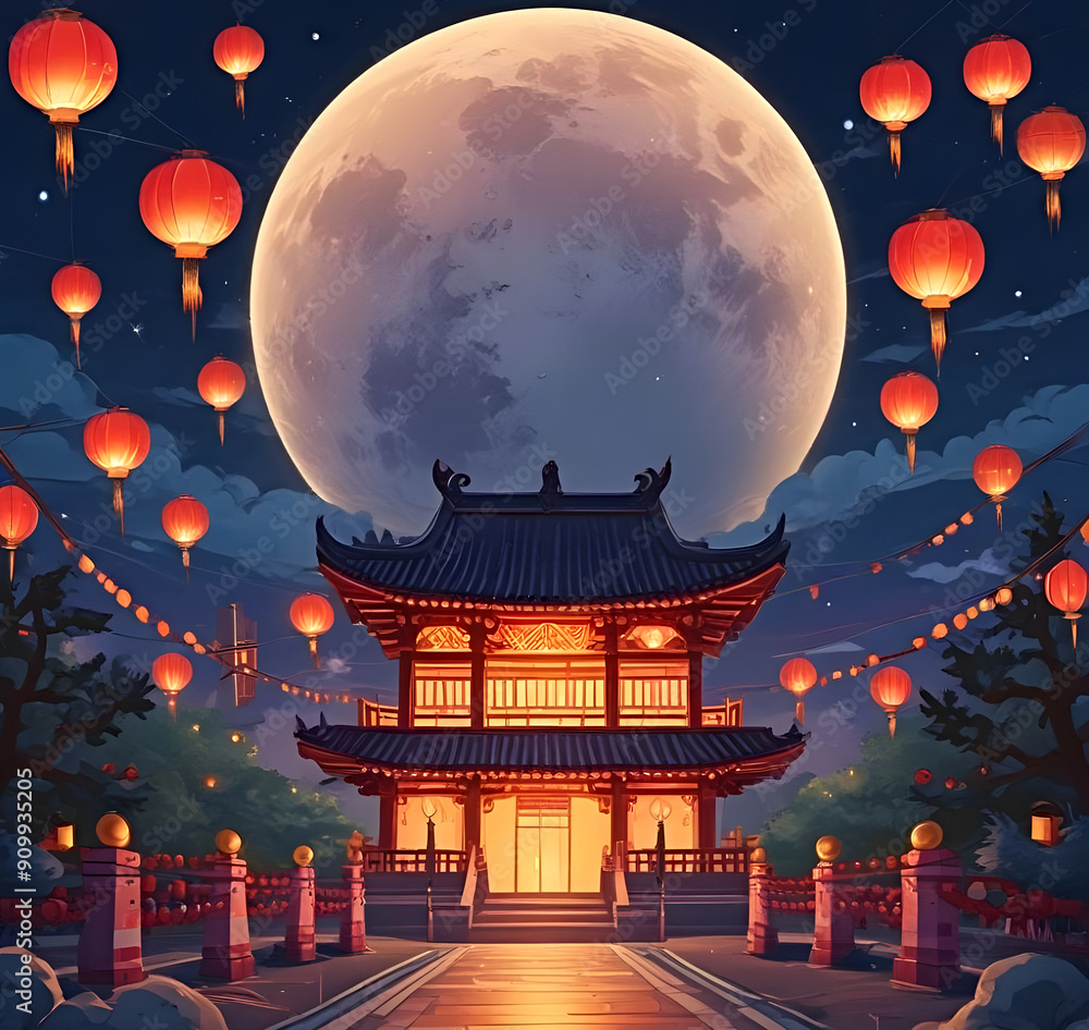 Mid-autumn festival background banner, image of a big full moon in the night sky, surrounded by colorful lanterns. Mid-autumn festival background banner, image of a big full moon in the night sky, surrounded by colorful lanterns.