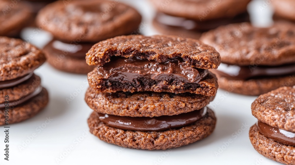Close-up of chocolate cream-filled cookies, showing the luscious filling and crispy exterior, isolated on a white background Close-up of chocolate cream-filled cookies, showing the luscious filling and crispy exterior, isolated on a white background
