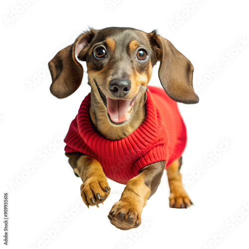 Adorable Dachshund Running Happily wearing red – Joyful Small Brown Dog in Motion