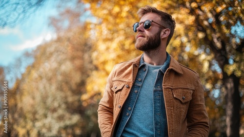 Caucasian male with sunglasses and jacket in autumn outdoors