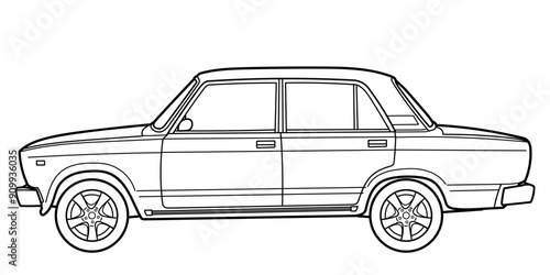 Classic family class sedan car. 4 door car on white background. Side view shot. Outline doodle vector illustration