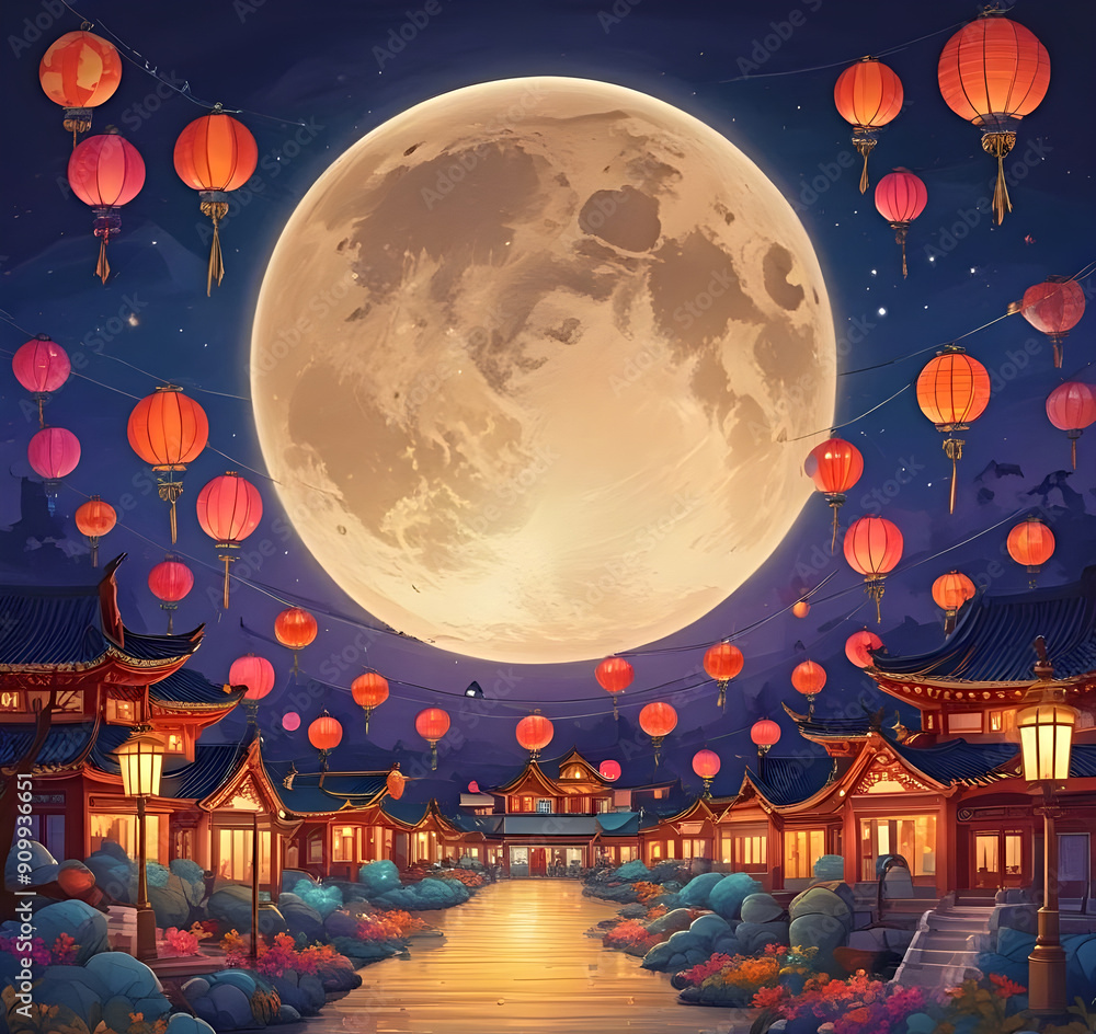 Mid-autumn festival background banner, image of a big full moon in the night sky, surrounded by colorful lanterns. Mid-autumn festival background banner, image of a big full moon in the night sky, surrounded by colorful lanterns.
