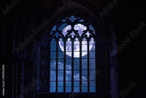 A window with a large moon in the sky