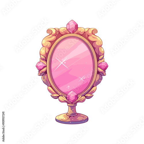 Fairy magic mirror in a vintage golden frame with pink stones. Cartoon vector illustration vintage mirror isolated on white 