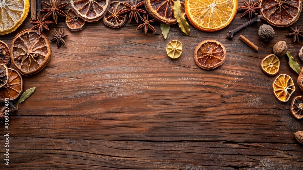 Savory Spice Symphony Teak Wood Panel adorned with Aromatic Spices and Citrus Slices for Culinary Creativity Savory Spice Symphony Teak Wood Panel adorned with Aromatic Spices and Citrus Slices for Culinary Creativity