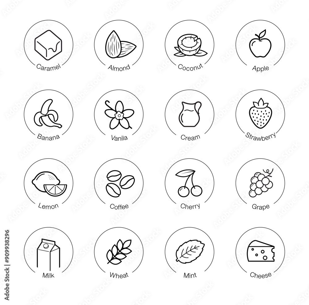 Fototapeta premium Taste, aroma, flavor set icons for food, drinks and sport nutrition. Vector elements. The outline icons are well scalable and editable. Contrasting elements are good for different backgrounds. EPS10.