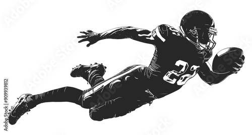 Silhouette of an American football player jumping with a ball in his right hand