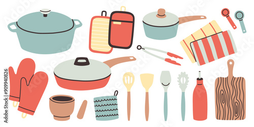 Cute kitchenware set. Vector kitchen utensils tools and equipment, cartoon cooking appliance. Cookware isolated set.