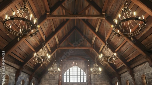 Rustic Elegance Exposed Wooden Cathedral Ceiling with Wrought Iron Chandeliers Perfect for Architectural and Historical Projects