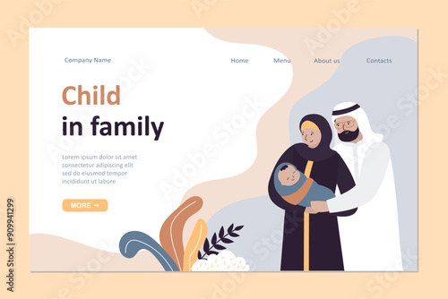 Child in family, landing page template. Young arabian love couple with newborn baby. Smiling husband and wife holding sleeping infant baby in hands