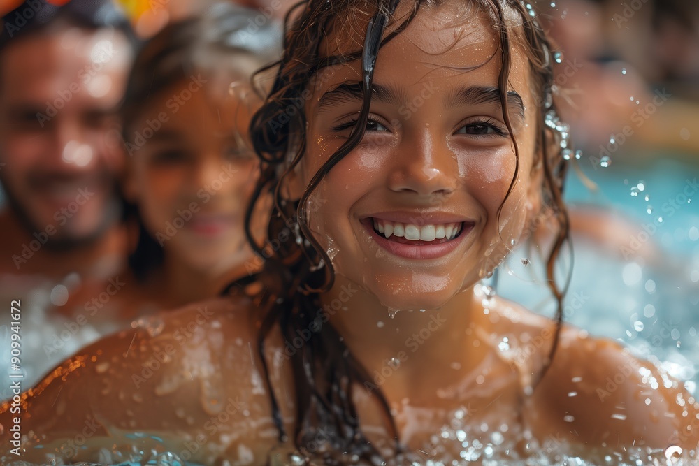 Joyful Child Swimming in a Pool Surrounded by Family During a Sunny Day Joyful Child Swimming in a Pool Surrounded by Family During a Sunny Day