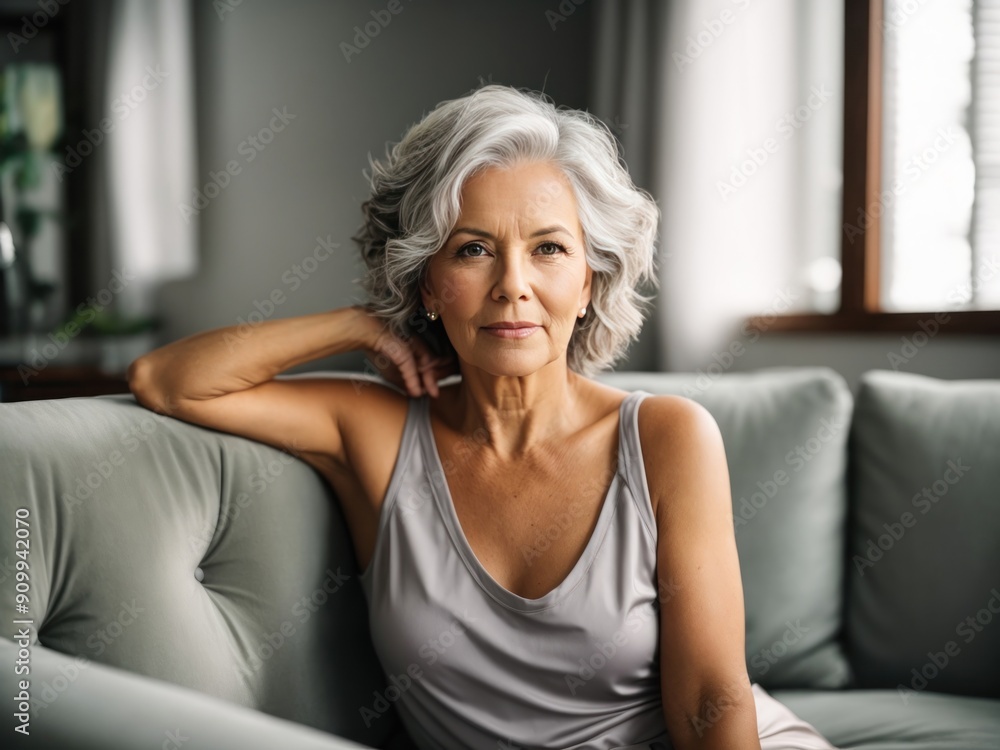 Portrait of beautiful senior woman seating on sofa Portrait of beautiful senior woman seating on sofa