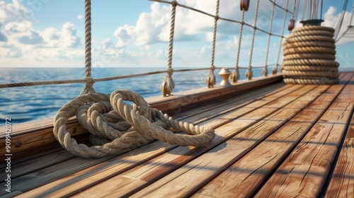 Seafaring Serenity Captivating Wooden Sailboat Deck with Coiled Ropes and Captain's Hat Embracing the Open Sea for Nautical Adventures and Travel Tales photo