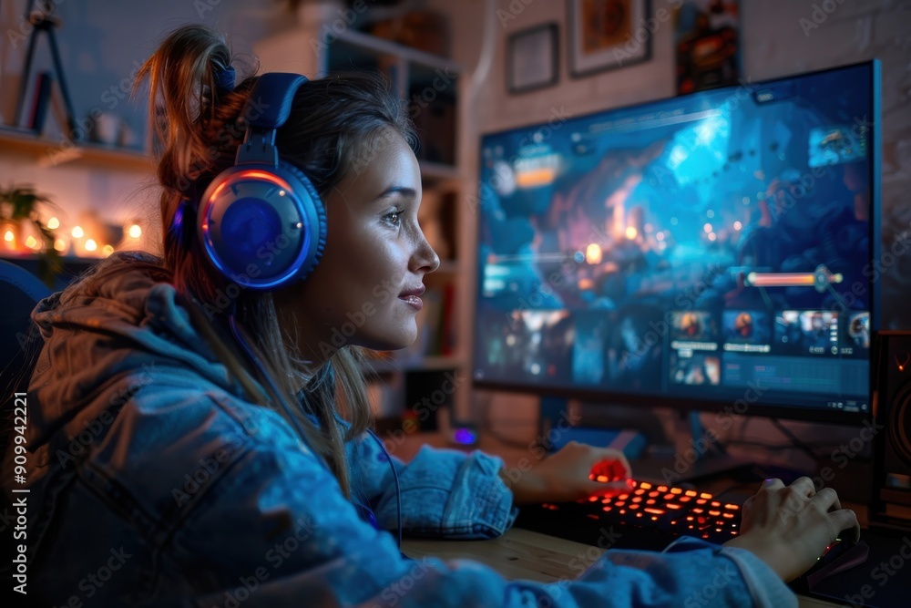 A woman with headphones is intensely focused on playing a video game on a large computer monitor, in a room decorated with ambient lighting and other gaming equipment. A woman with headphones is intensely focused on playing a video game on a large computer monitor, in a room decorated with ambient lighting and other gaming equipment.