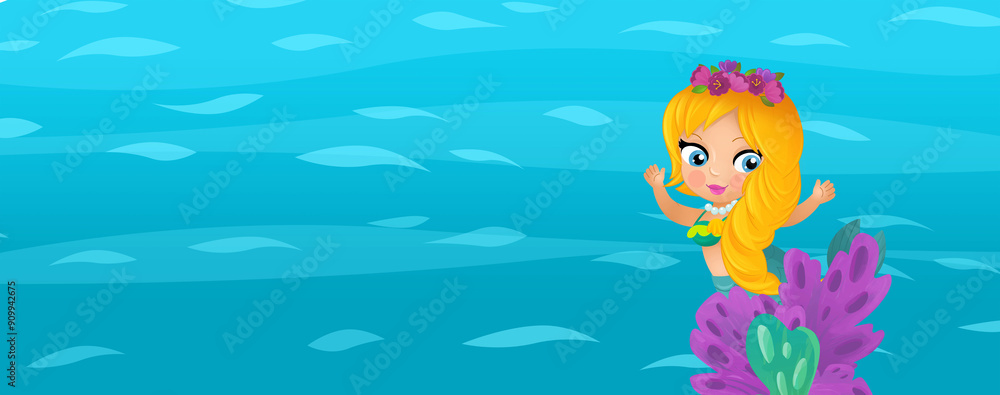 Cartoon ocean and the mermaid in underwater kingdom swimming diving illustration for kids Cartoon ocean and the mermaid in underwater kingdom swimming diving illustration for kids