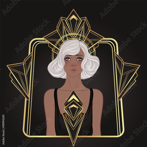 Retro fashion, glamour girl of twenties. African American woman. Vector illustration. Flapper 20s style. Vintage party invitation design template. Fancy black lady.