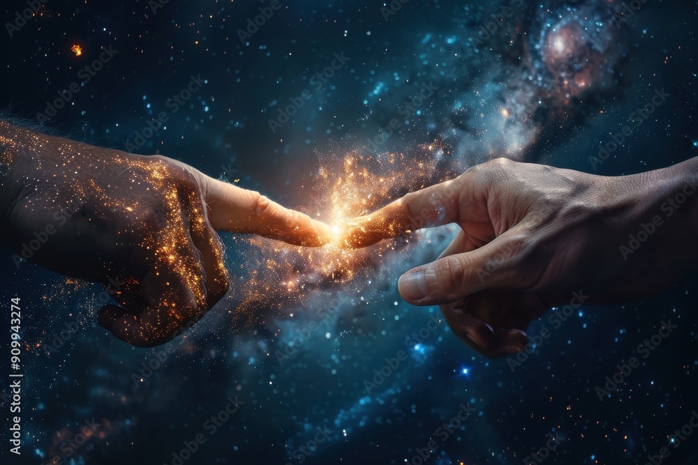 Fototapeta premium Two hands reaching out towards each other with a depiction of the cosmic galaxy in the background, symbolizing connection, creation, and the vastness of the universe.