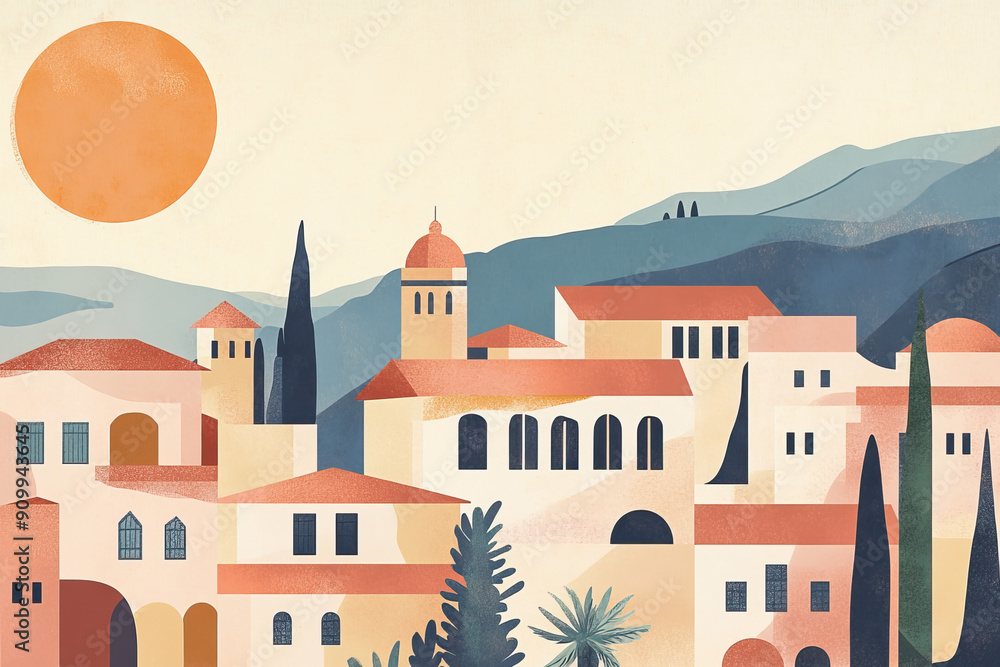 Obraz premium Risograph trendy riso print travel poster, card, wallpaper or banner illustration, modern, isolated, clear, simple of Mingachevir, Azerbaijan. Screen printing